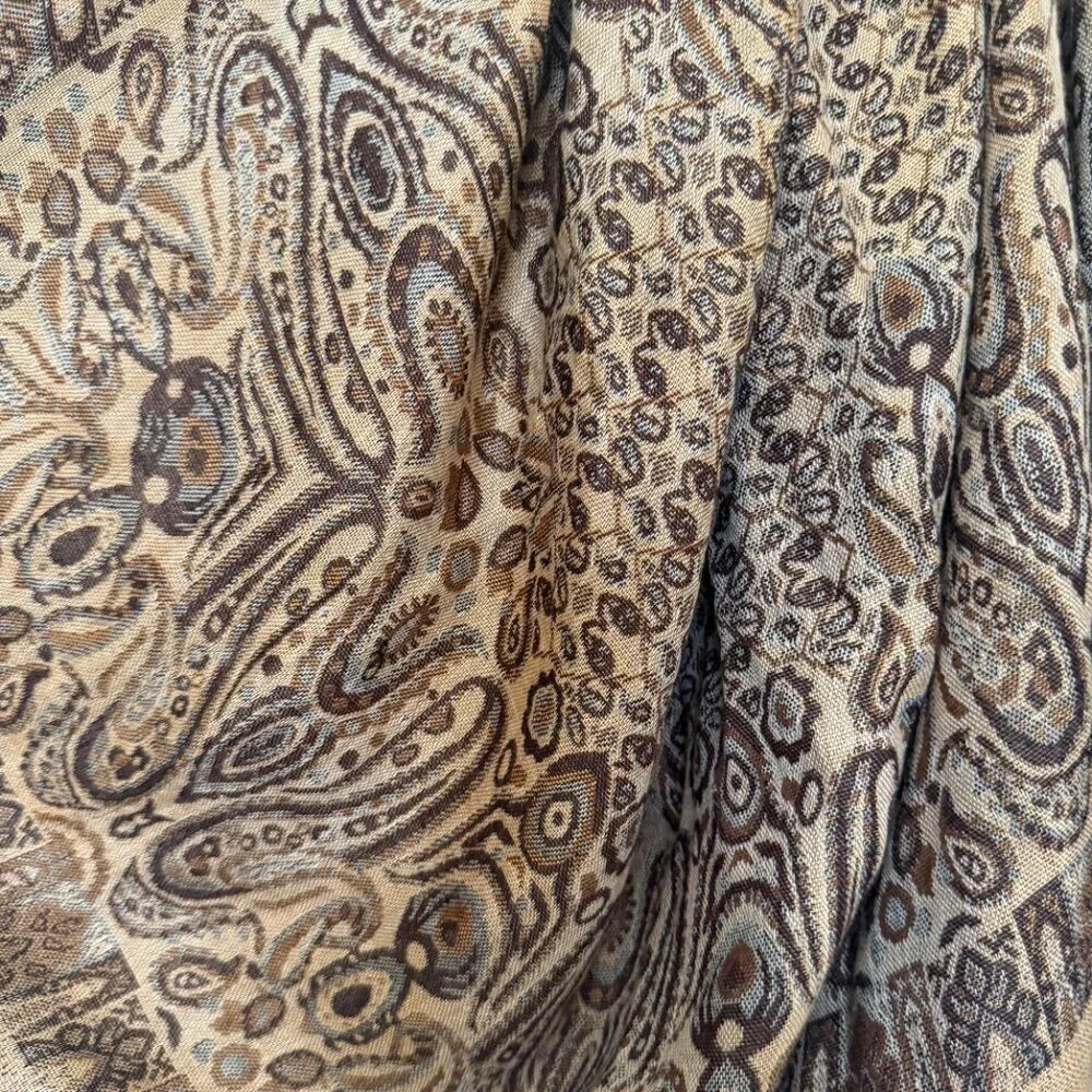 Pashmina Silk Blend Paisley Fringe  Wrap Scarf Vintage Boho Tan Brown
